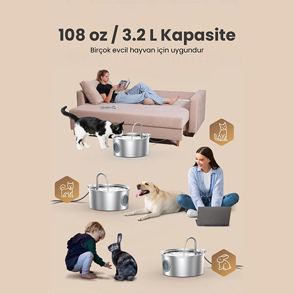 Electron 3.2 L Tekli Paslanmaz Çelik Kedi Köpek İçin Otomatik Su Pınarı - 2