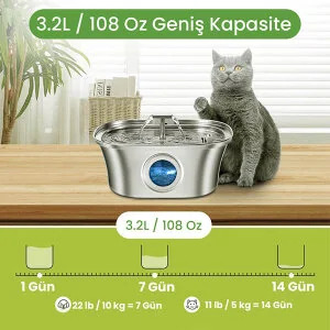 Electron Çift Çeşmeli Paslanmaz Çelik Kedi ve Köpekler İçin Otomatik Su Pınarı 3.2 L - 3