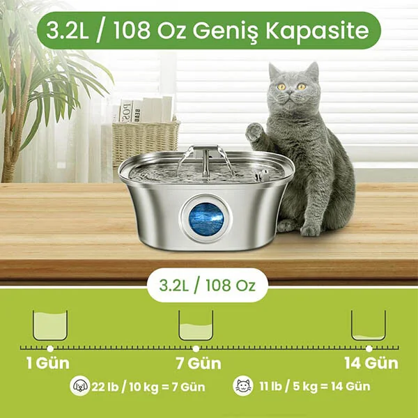 Electron Çift Çeşmeli Paslanmaz Çelik Kedi ve Köpekler İçin Otomatik Su Pınarı 3.2 L - 3
