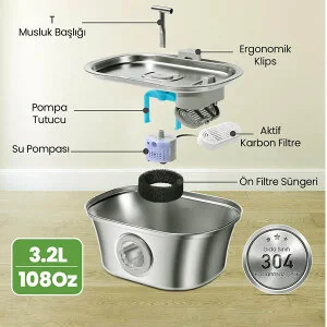 Electron Çift Çeşmeli Paslanmaz Çelik Kedi ve Köpekler İçin Otomatik Su Pınarı 3.2 L - 7