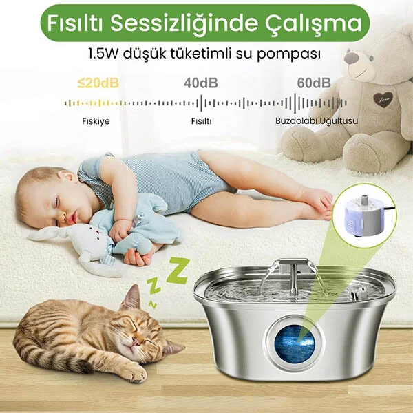 Electron Çift Çeşmeli Paslanmaz Çelik Kedi ve Köpekler İçin Otomatik Su Pınarı 3.2 L - 9