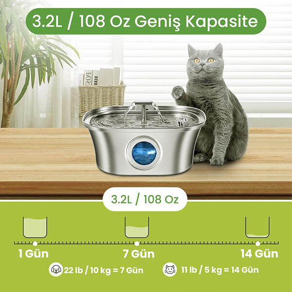 Electron Çift Çeşmeli Paslanmaz Çelik Kedi ve Köpekler İçin Otomatik Su Pınarı 3.2 L - 3