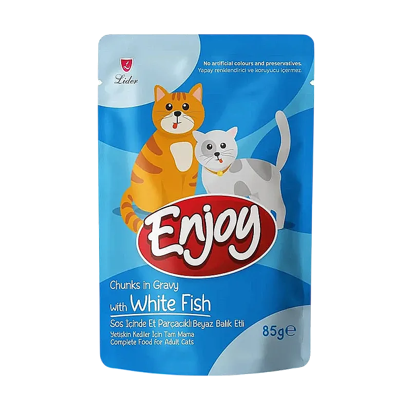 Enjoy Pouch Sos İçinde Et Parçacıklı Beyaz Balıklı Yetişkin Kedi Maması 85 gr