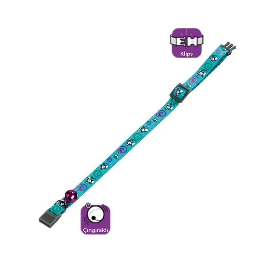 Flamingo Kedi Boyun Tasması Çıngıraklı Fare Desenli Turkuaz 30 CM - 1