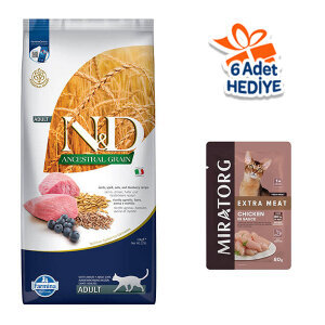 N&D Düşük Tahıllı Kuzu Etli ve Yaban Mersinli Yetişkin Kedi Maması 10 kg
