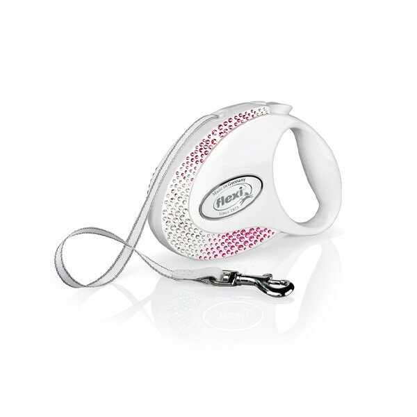 Flexi Glam Swarovski Otomatik Şerit Köpek Gezdirme Kayışı 5 m (Beyaz) (M) - 1