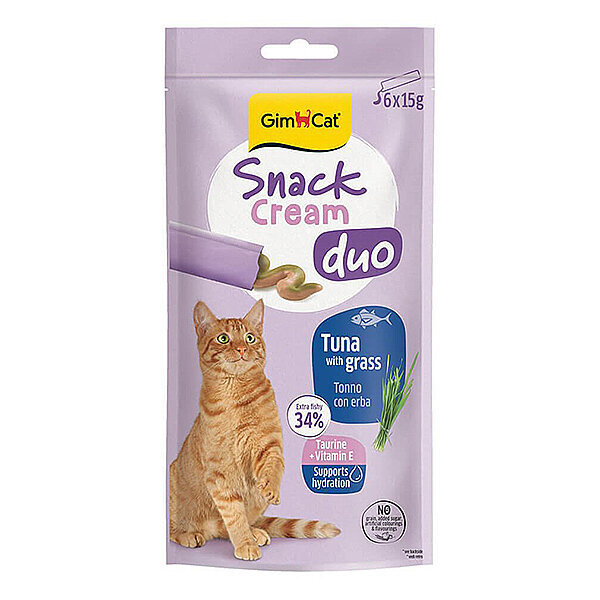 GimCat Snack Cream Duo Ton Balıklı ve Çimenli Krema Kedi Ödülü 15 g (6'lı Paket)