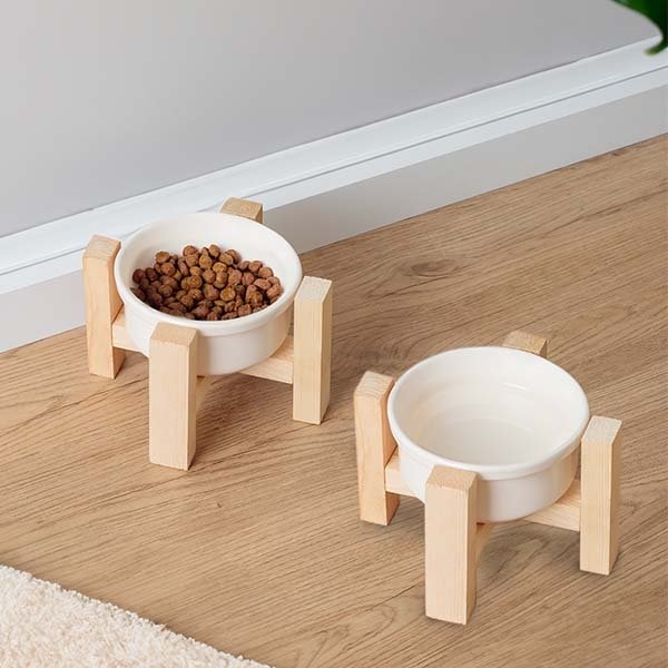 Herniks Ahşap Ayaklı Seramik Kedi Köpek İkili Mama ve Su Kabı 12x10cm - Beyaz - 1