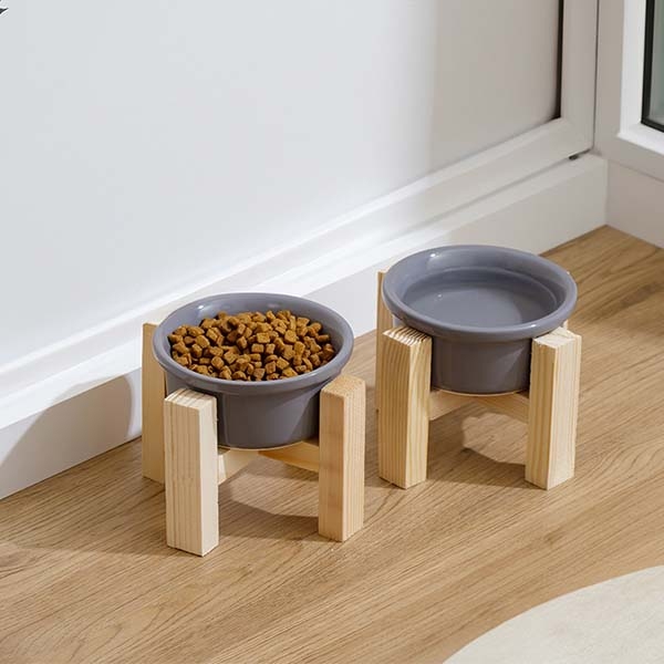 Herniks Ahşap Ayaklı Seramik Kedi Köpek İkili Mama ve Su Kabı 12x10cm - Gri - 1