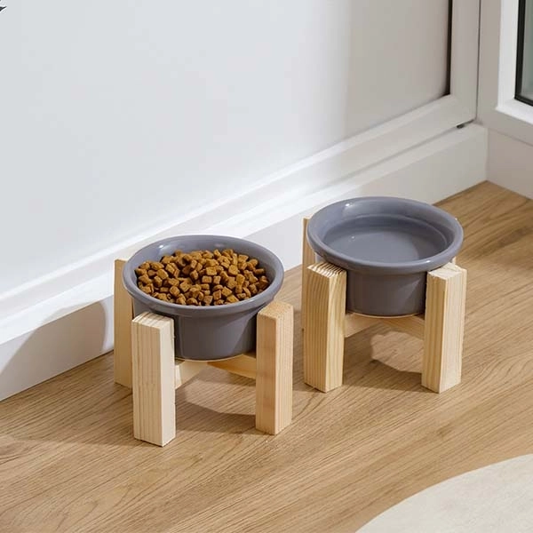 Herniks Ahşap Ayaklı Seramik Kedi Köpek İkili Mama ve Su Kabı 12x10cm - Gri - 1