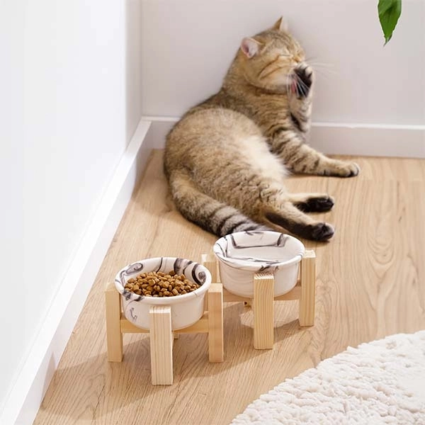 Herniks Ahşap Ayaklı Seramik Kedi Köpek İkili Mama ve Su Kabı 12x10cm - Mermersiyah - 2