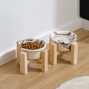 Herniks Ahşap Ayaklı Seramik Kedi Köpek İkili Mama ve Su Kabı 12x10cm - Mermersiyah