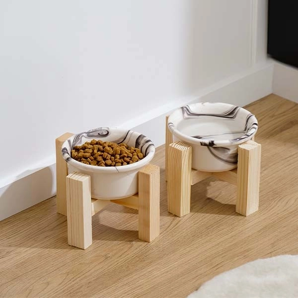 Herniks Ahşap Ayaklı Seramik Kedi Köpek İkili Mama ve Su Kabı 12x10cm - Mermersiyah - 1