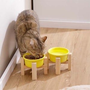Herniks Ahşap Ayaklı Seramik Kedi Köpek İkili Mama ve Su Kabı 12x10cm - Sarı - 2
