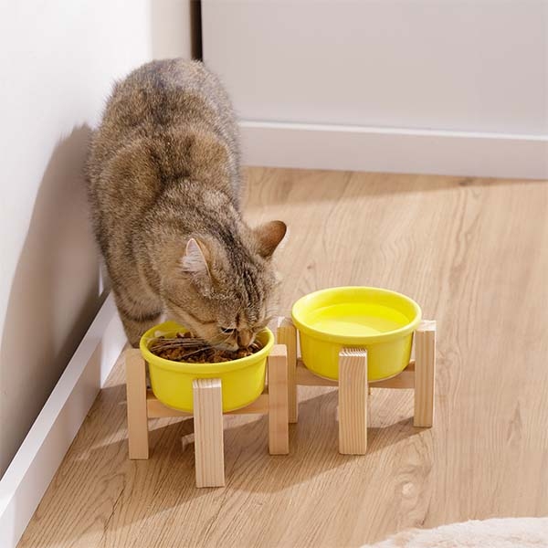 Herniks Ahşap Ayaklı Seramik Kedi Köpek İkili Mama ve Su Kabı 12x10cm - Sarı - 2