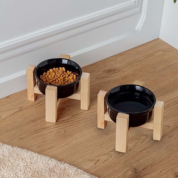 Herniks Ahşap Ayaklı Seramik Kedi Köpek İkili Mama ve Su Kabı 12x10cm - Siyah - 1