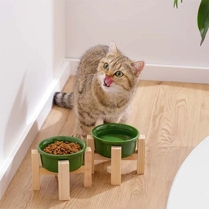 Herniks Ahşap Ayaklı Seramik Kedi Köpek İkili Mama ve Su Kabı 12x10cm - Yeşil - 2