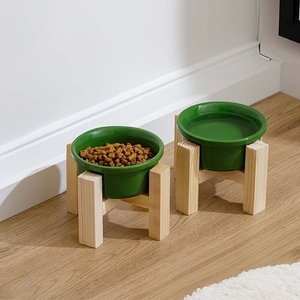 Herniks Ahşap Ayaklı Seramik Kedi Köpek İkili Mama ve Su Kabı 12x10cm - Yeşil