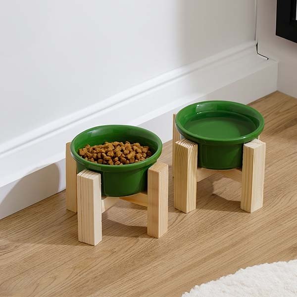 Herniks Ahşap Ayaklı Seramik Kedi Köpek İkili Mama ve Su Kabı 12x10cm - Yeşil - 1
