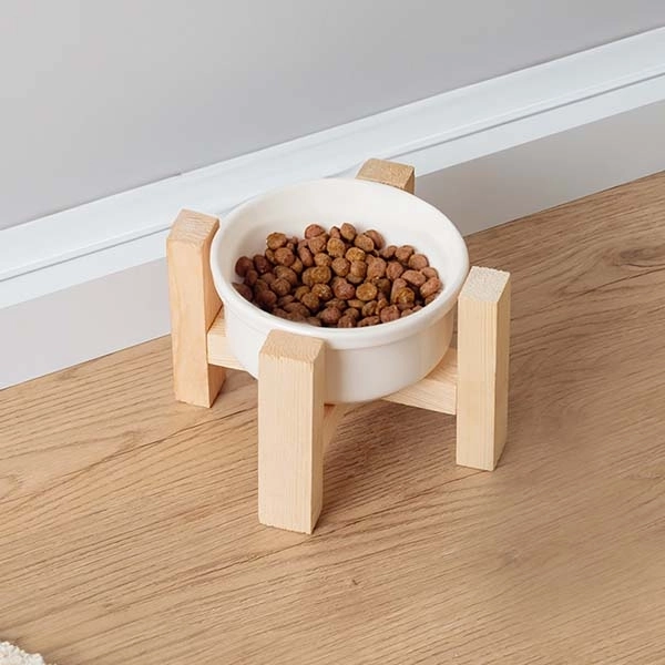 Herniks Ahşap Ayaklı Seramik Kedi Köpek Tekli Mama ve Su Kabı 12x10cm - Beyaz - 1