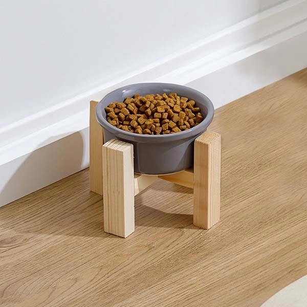 Herniks Ahşap Ayaklı Seramik Kedi Köpek Tekli Mama ve Su Kabı 12x10cm - Gri - 1