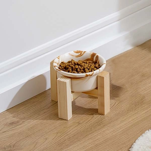 Herniks Ahşap Ayaklı Seramik Kedi Köpek Tekli Mama ve Su Kabı 12x10cm - Mermerkahve - 1