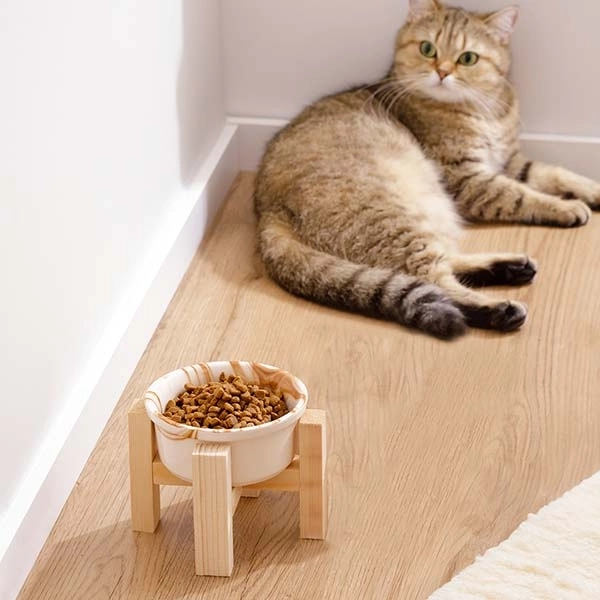 Herniks Ahşap Ayaklı Seramik Kedi Köpek Tekli Mama ve Su Kabı 12x10cm - Mermerkahve - 2