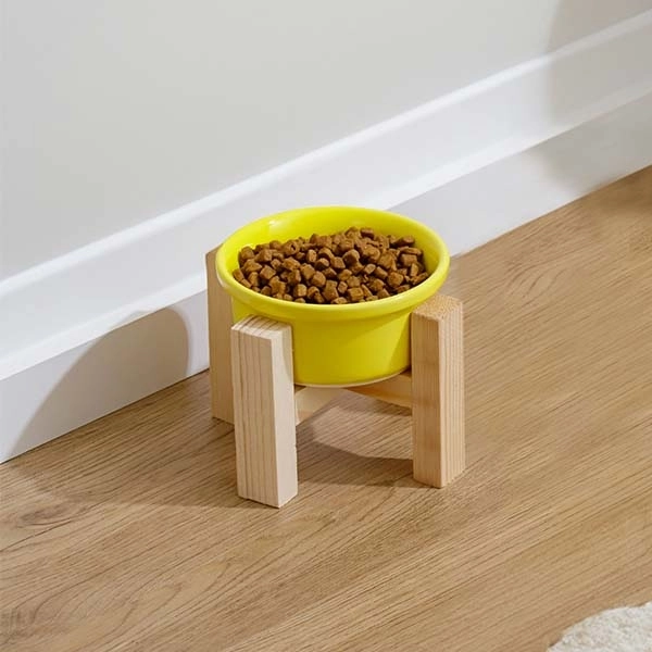 Herniks Ahşap Ayaklı Seramik Kedi Köpek Tekli Mama ve Su Kabı 12x10cm - Sarı - 1