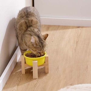 Herniks Ahşap Ayaklı Seramik Kedi Köpek Tekli Mama ve Su Kabı 12x10cm - Sarı - 2