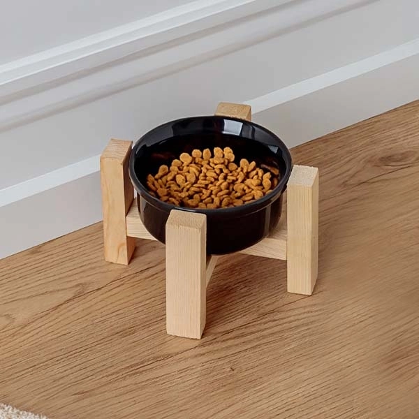 Herniks Ahşap Ayaklı Seramik Kedi Köpek Tekli Mama ve Su Kabı 12x10cm - Siyah - 1