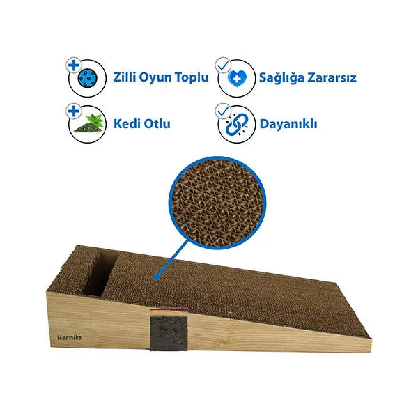 Herniks Doğal Kedi Otlu Ve Zilli Toplu Ahşap Kedi Tırmalama Kartonu 43 cm - HR2024 - 3