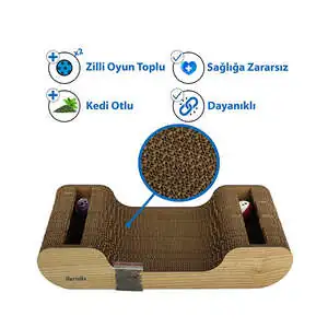 Herniks Doğal Kedi Otlu ve Zilli Toplu Ahşap Kedi Tırmalama Kartonu 44 cm - HR2022 - 4