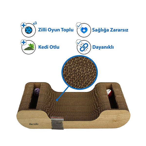 Herniks Doğal Kedi Otlu ve Zilli Toplu Ahşap Kedi Tırmalama Kartonu 44 cm - HR2022 - 4