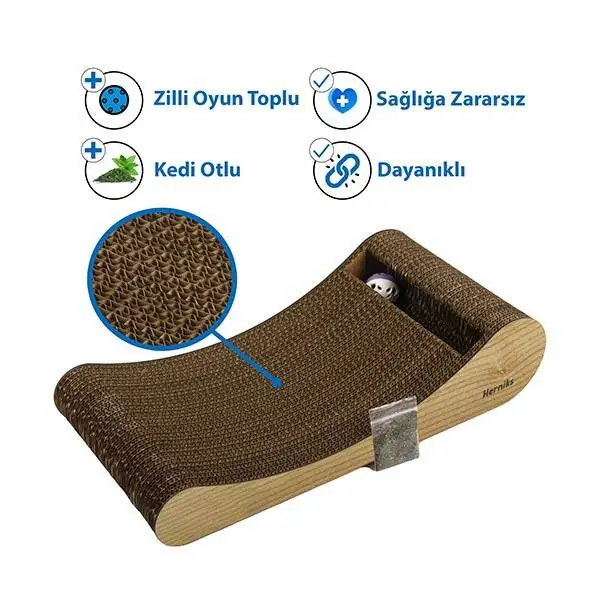 Herniks Doğal Kedi Otlu ve Zilli Toplu Ahşap Kedi Tırmalama Kartonu 44 cm- HR2023 - 3