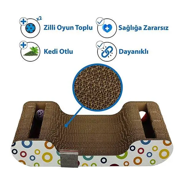 Herniks Doğal Kedi Otlu Ve Zilli Toplu Kedi Tırmalama Kartonu 44 cm - HR2022C - 3