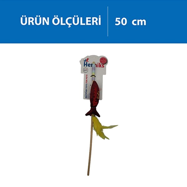 Herniks Matatabili Sesli Tüylü Ahşap Saplı Kedi Oltası Jr. Fish 50cm - Bordo - 1