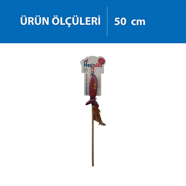 Herniks Matatabili Sesli Tüylü Ahşap Saplı Kedi Oltası Jr. Fish 50cm - Pembe - 1