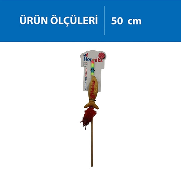 Herniks Matatabili Sesli Tüylü Ahşap Saplı Kedi Oltası Jr. Fish 50cm - Sarı - 1