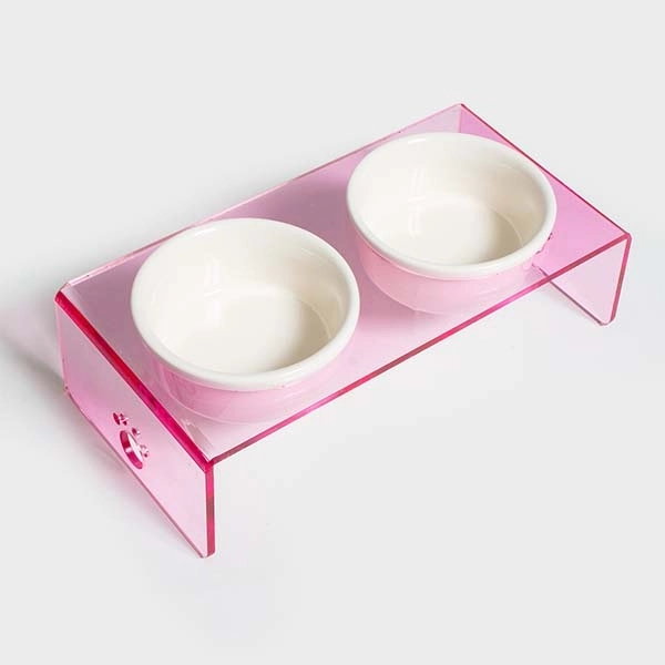 Herniks Pati Desenli Şeffaf Pleksi Ve Seramik İkili Mama Kabı 30x15 Cm - Pembe - 1