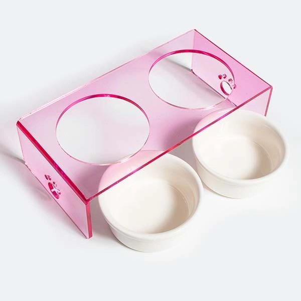 Herniks Pati Desenli Şeffaf Pleksi Ve Seramik İkili Mama Kabı 30x15 Cm - Pembe - 3