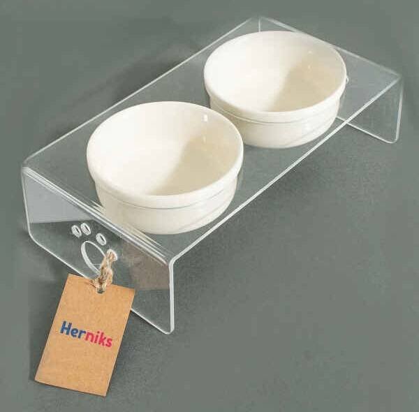 Herniks Pati Desenli Şeffaf Pleksi Ve Seramik İkili Mama Kabı 30x15 Cm - Şeffaf - 1