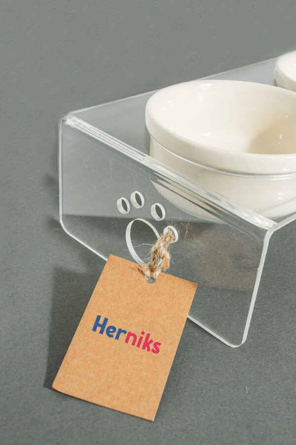 Herniks Pati Desenli Şeffaf Pleksi Ve Seramik İkili Mama Kabı 30x15 Cm - Şeffaf - 4