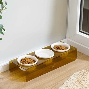 Herniks Pati Desenli Şeffaf Pleksi Ve Seramik Üçlü Mama Kabı 44x15 Cm - Kahverengi - 1