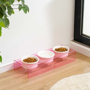 Herniks Pati Desenli Şeffaf Pleksi Ve Seramik Üçlü Mama Kabı 44x15 Cm - Pembe - 1