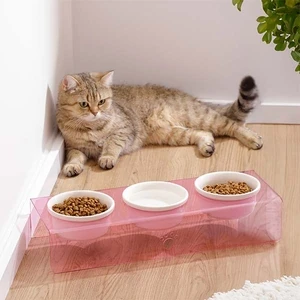 Herniks Pati Desenli Şeffaf Pleksi Ve Seramik Üçlü Mama Kabı 44x15 Cm - Pembe - 2