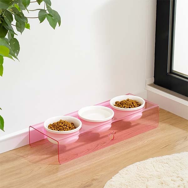 Herniks Pati Desenli Şeffaf Pleksi Ve Seramik Üçlü Mama Kabı 44x15 Cm - Pembe - 1