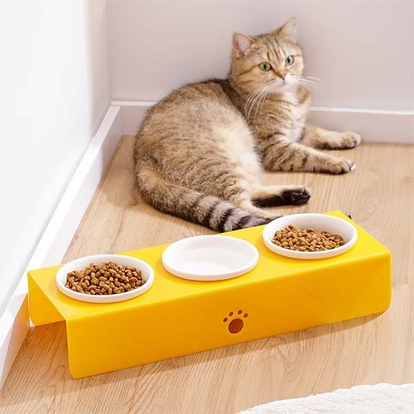 Herniks Pati Desenli Şeffaf Pleksi Ve Seramik Üçlü Mama Kabı 44x15 Cm - Sarı - 2