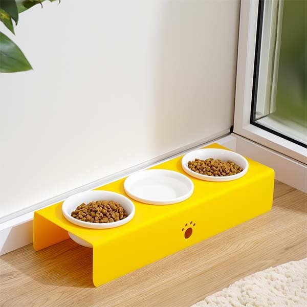 Herniks Pati Desenli Şeffaf Pleksi Ve Seramik Üçlü Mama Kabı 44x15 Cm - Sarı - 1