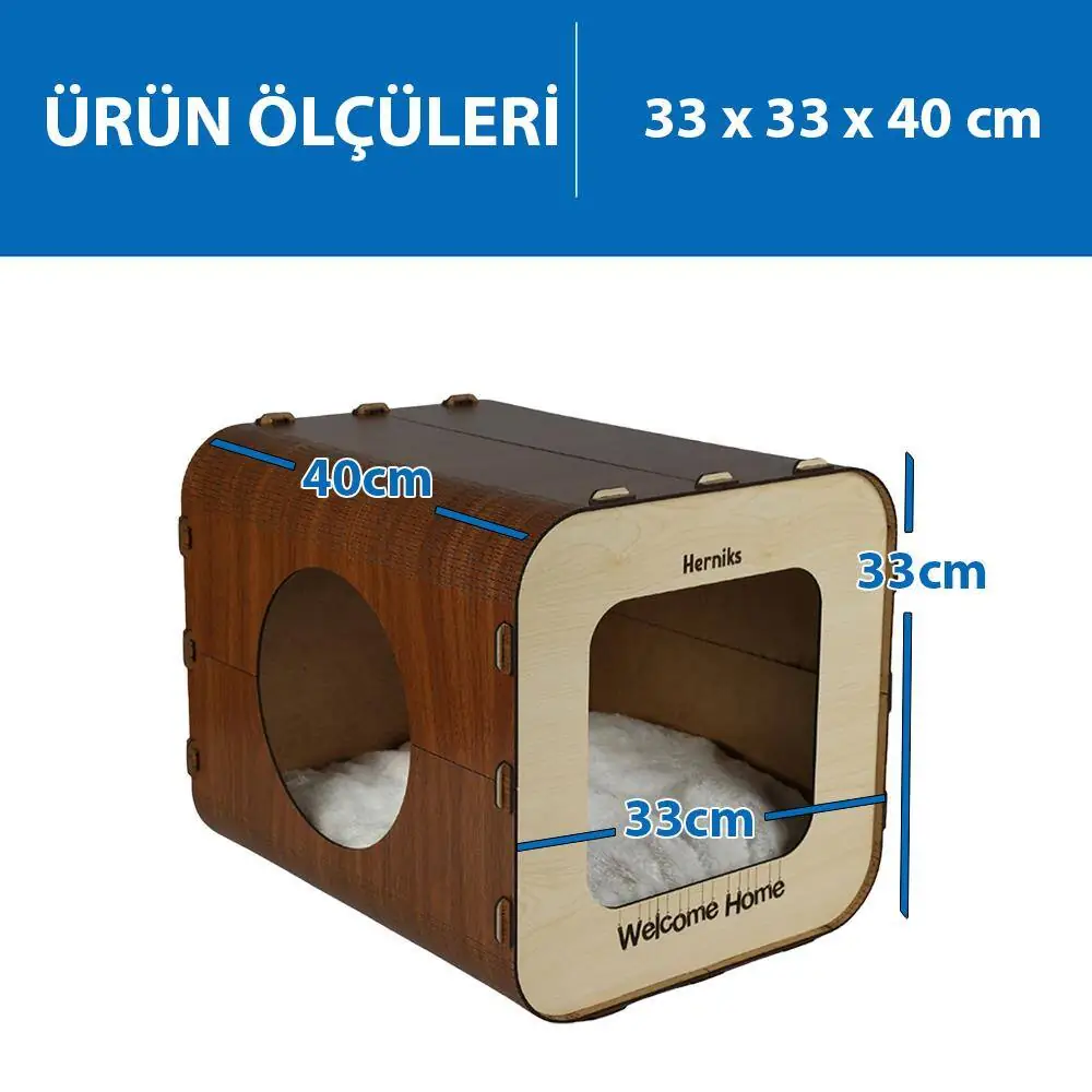 Herniks Yastıklı Ahşap Lüks Kedi Evi Dörtgen - HR3027 - 2