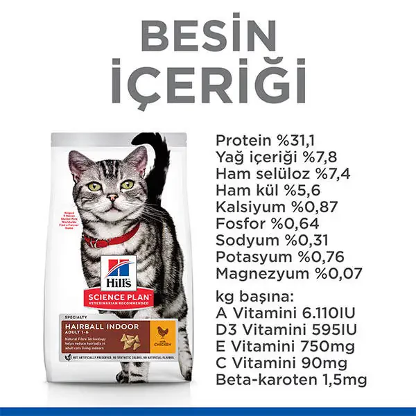 Hill's Science Plan Hairball Tüy Yumağı Önleyici Tavuklu Yetişkin Kedi Maması 1.5 kg - 4